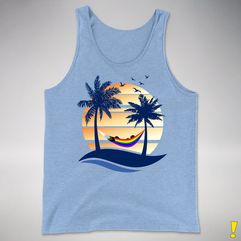 LGBTQ Progress Pride Hammock Summer Beach Sunset Premium Tank Top - Blue Triblend